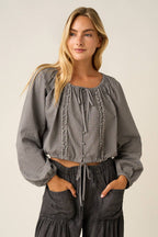 CHECKERED RUFFLE TRIM TIE FRONT LONG SLEEVE TOP