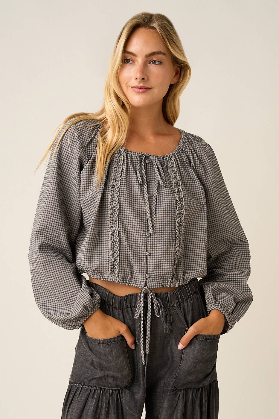 CHECKERED RUFFLE TRIM TIE FRONT LONG SLEEVE TOP