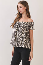 CT10154-Zebra Print Off-the-Shoulder Bow Blouse