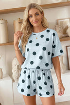Polka Dot Print Tee and Drawstring Shorts Set (S-XL)
