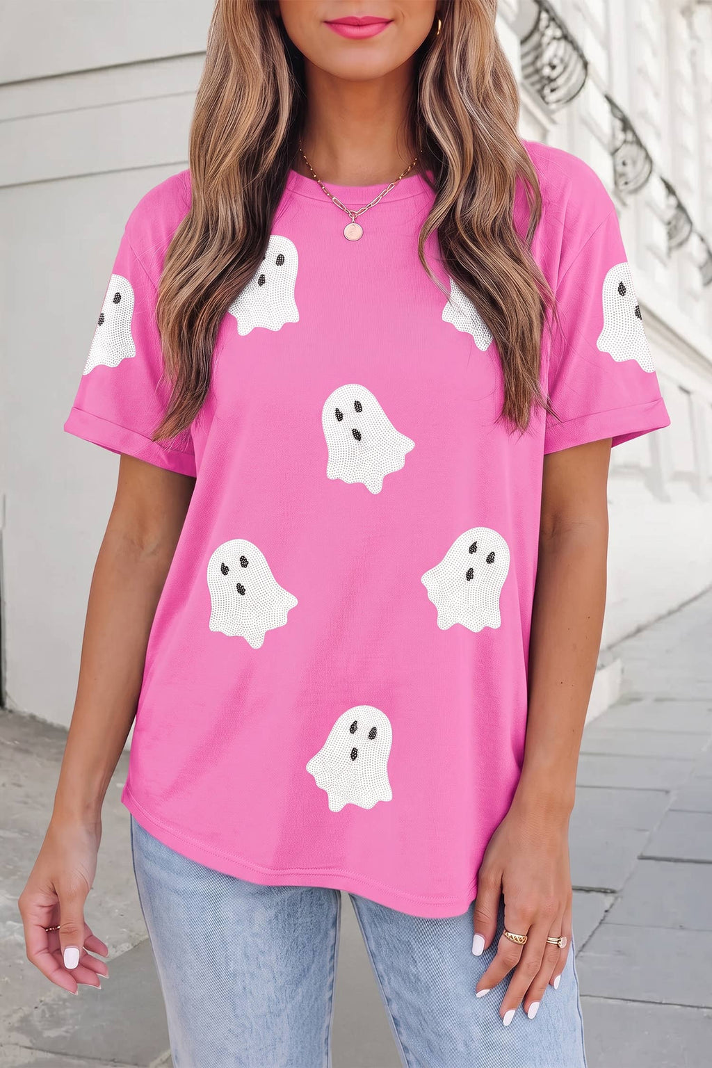 Sequin Halloween Ghost Graphic T Shirt | S-3XL