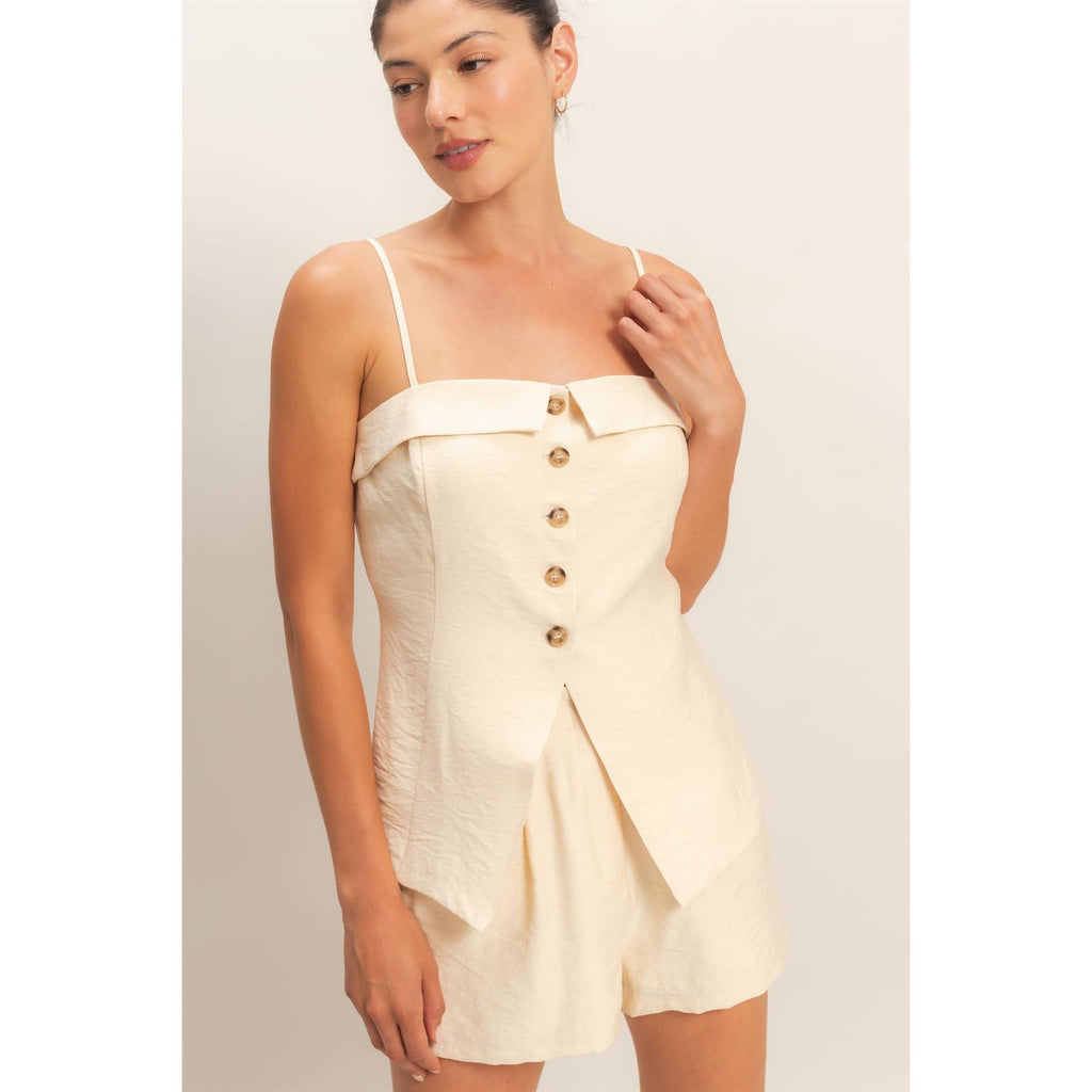 Strap Buttoned Top And Shorts Set