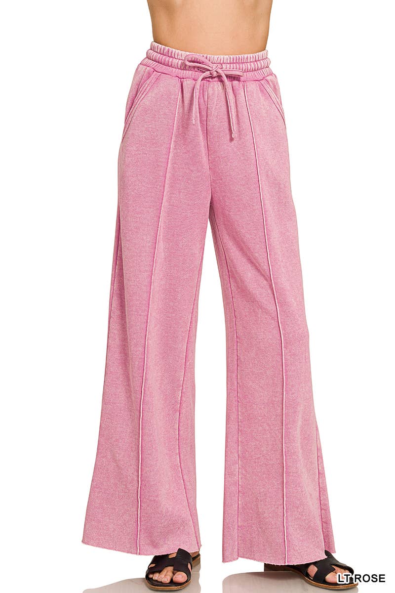 Acid Washed Fleece Pintuck Wide Leg Pants w/ Pockets