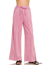 Acid Washed Fleece Pintuck Wide Leg Pants w/ Pockets