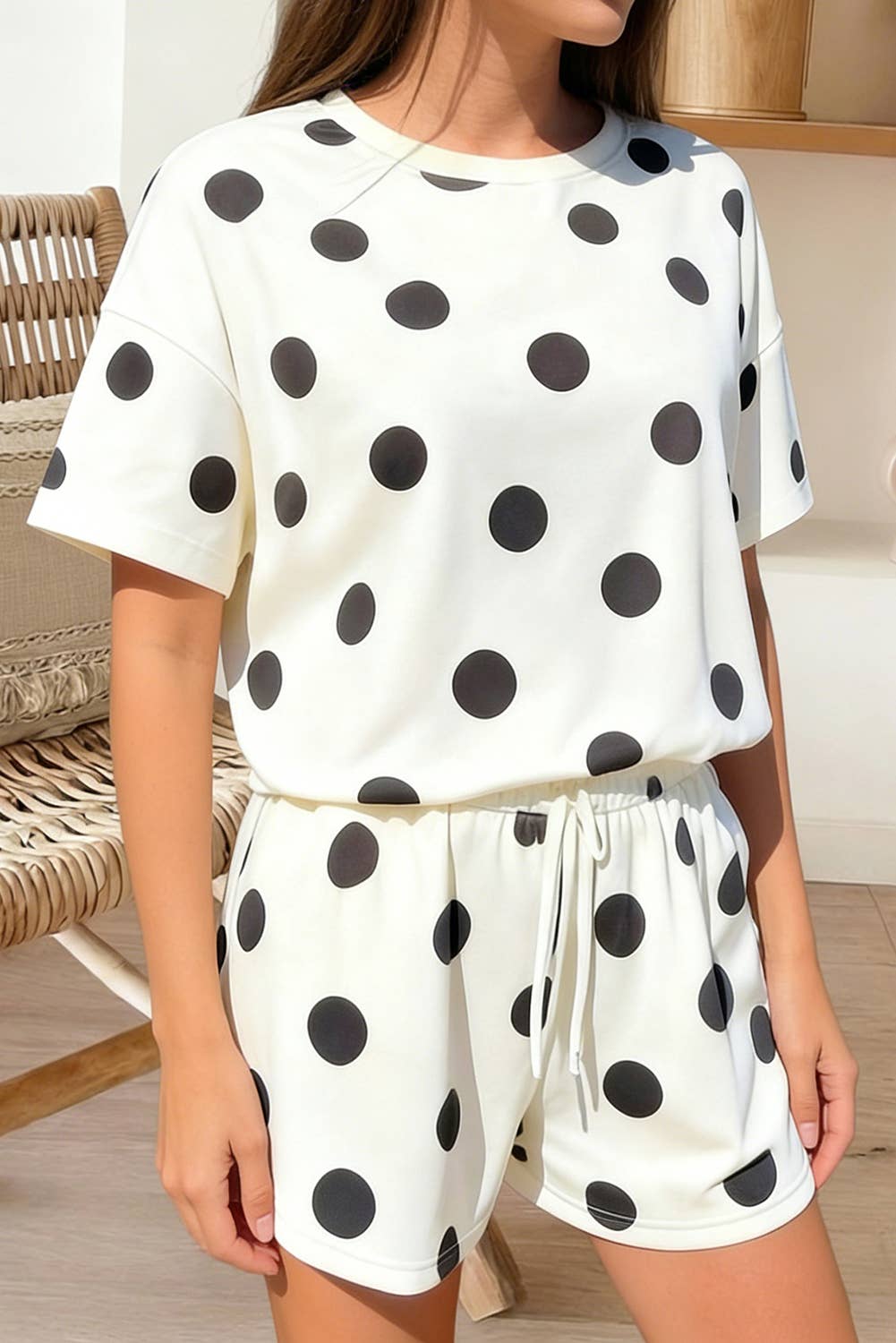 Polka Dot Print Tee and Drawstring Shorts Set (S-XL)