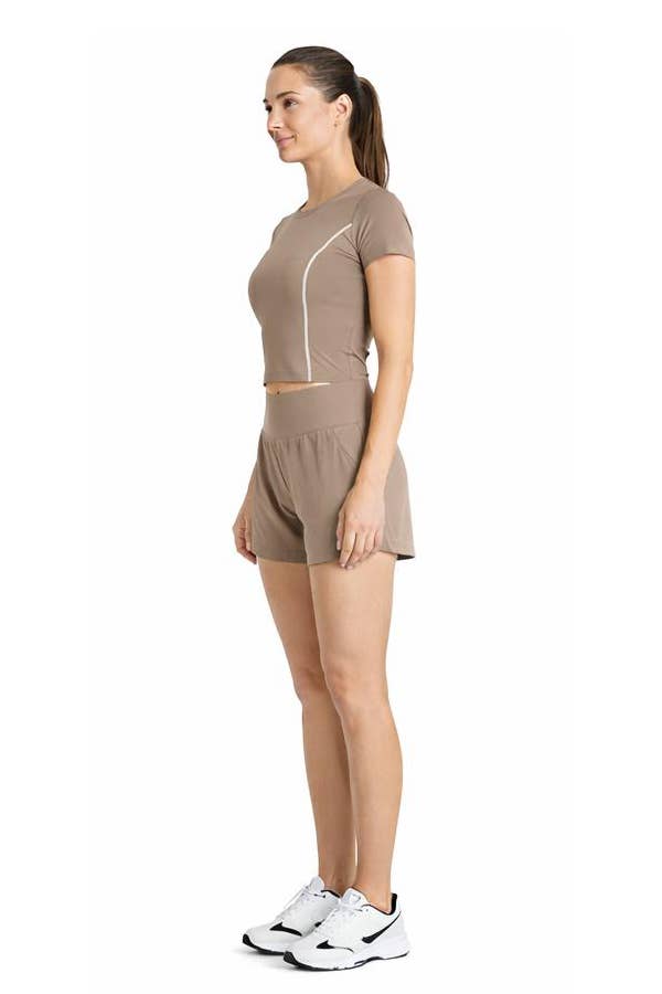 Yoga crop white piping top w/running shorts activewear set