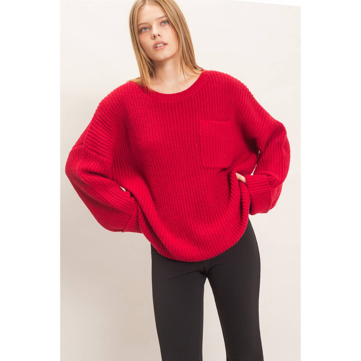 Ribbed Knit Patch Pocket Sweater