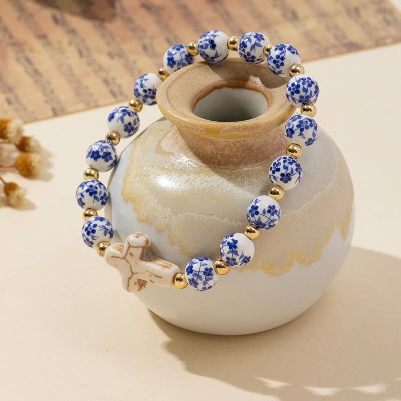 BLUE CERAMIC PORCELAIN CROSS CHARM BRACELET
