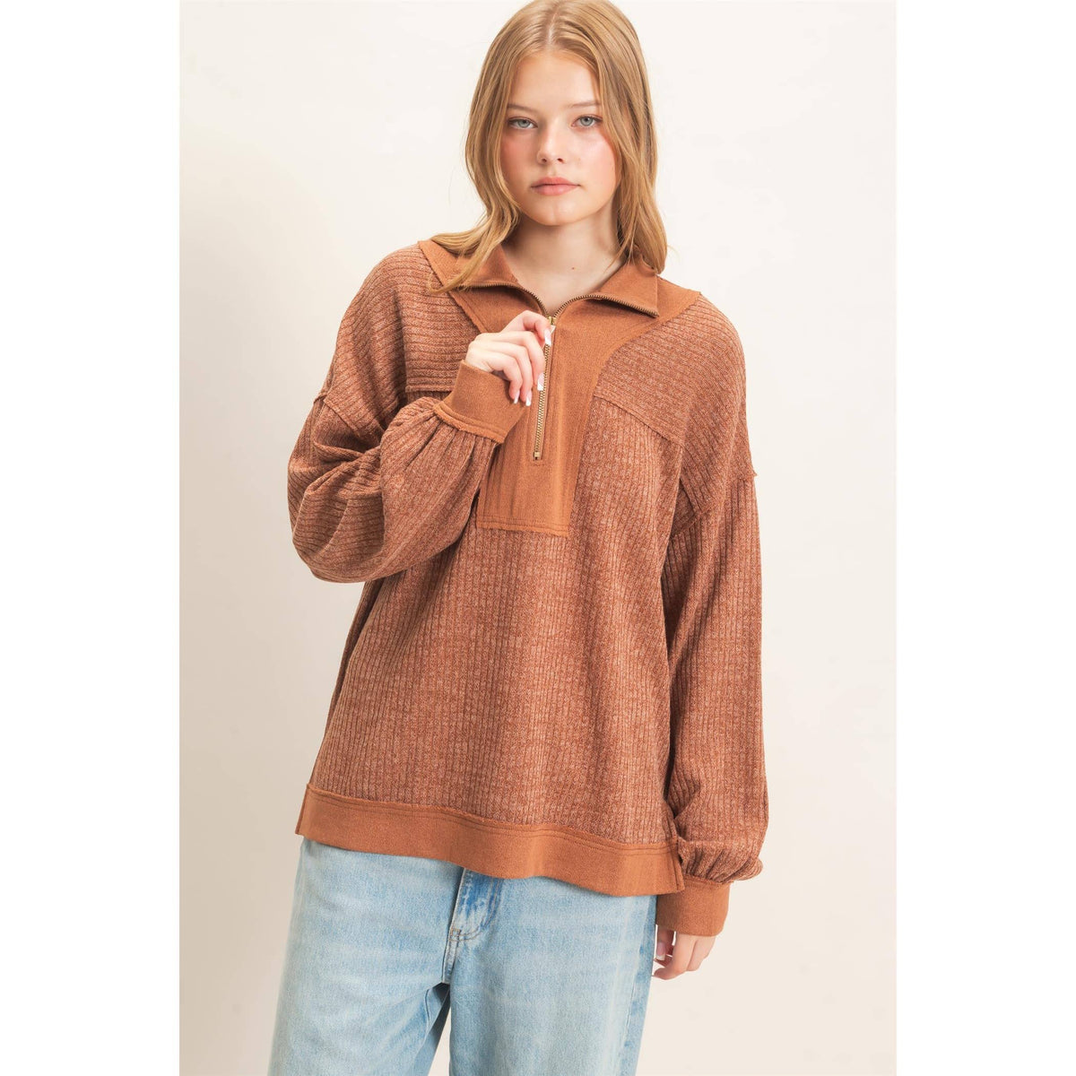 Ribbed Knit Half-Zip Pullover