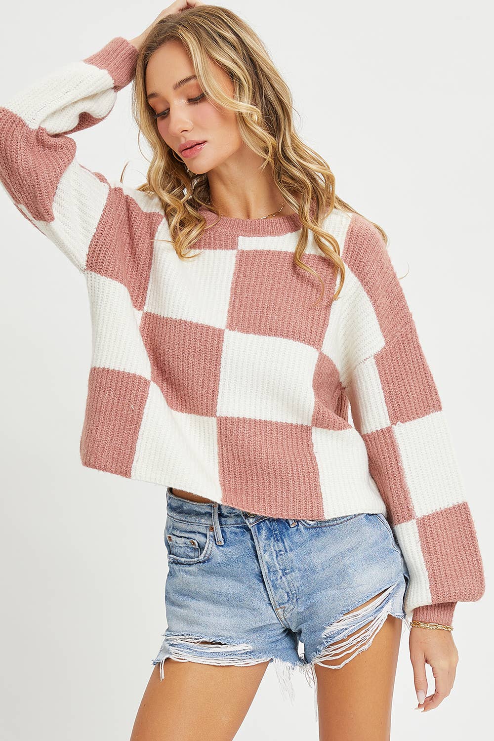 CASUAL SOFT COZY  RELAXED FIT CHECKER KNIT SWEATER