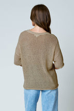 SPLIT NECK SHORT SLEEVE SHEER CROCHET KNIT TOP (PRE-ORDER)