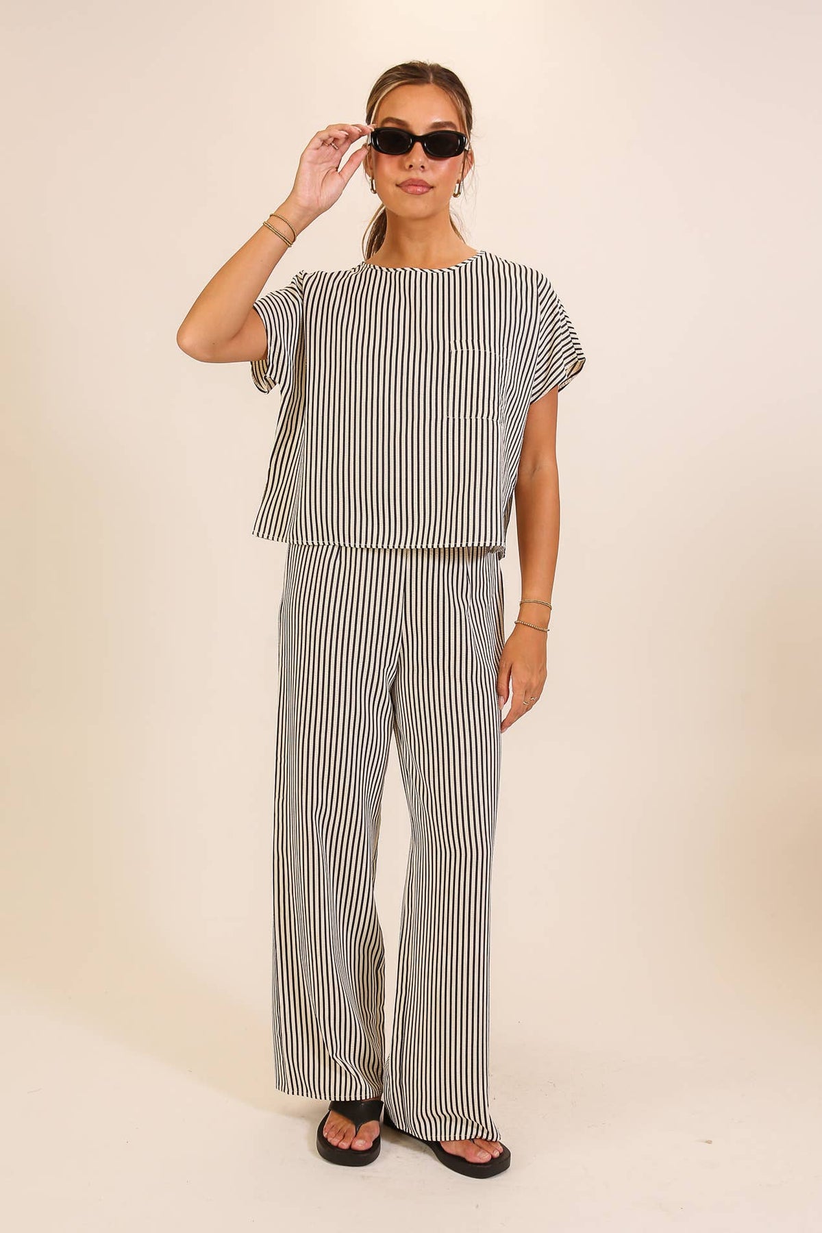Striped Textured Top & Wide Leg Pant Set