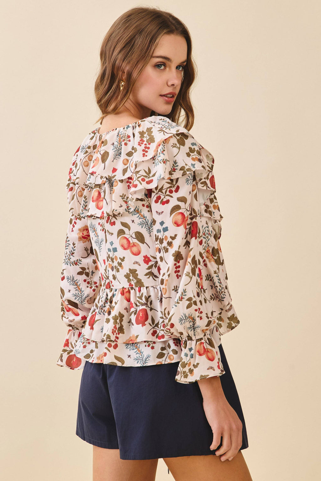 CT9624-Floral Print Tiered Ruffle layer Scoop Neck Top