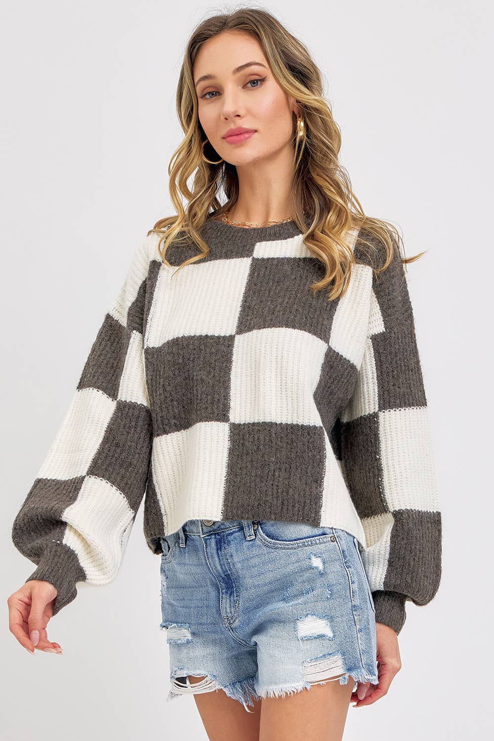 CASUAL SOFT COZY  RELAXED FIT CHECKER KNIT SWEATER