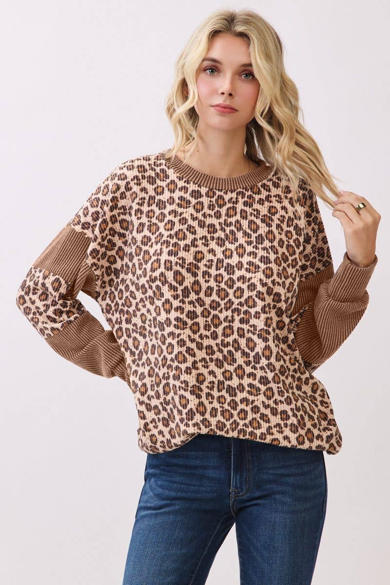 Leopard Print Drop Shoulder Pullover Top