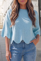 Solid Scalloped Hem 3/4 Sleeve Sweater Top | S-XL