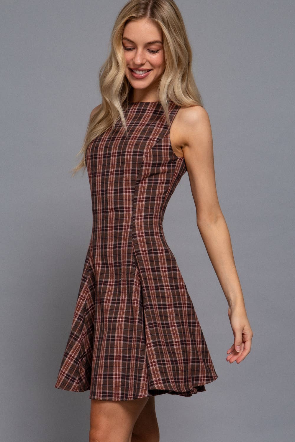 Sleeveless Boat Neck Swing Plaid Woven Mini Dress