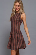Sleeveless Boat Neck Swing Plaid Woven Mini Dress