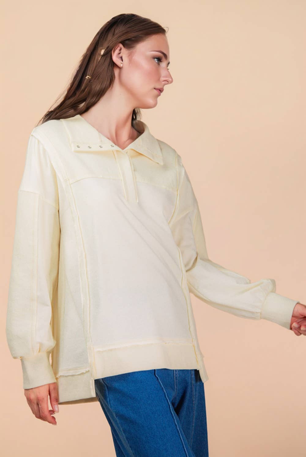 NT12365-Half Button Down Oversized Contrast Knit Top