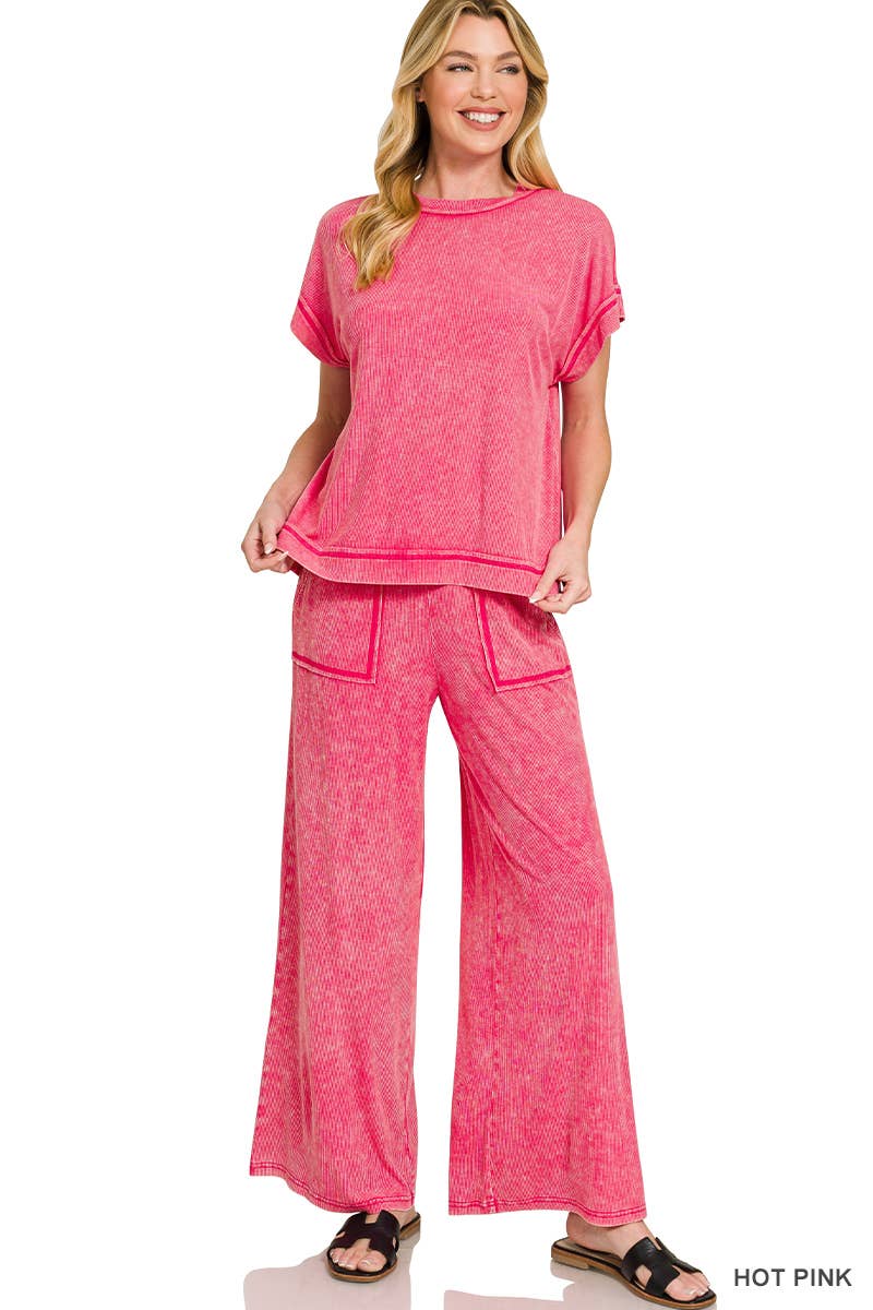 Ribbed Acid Wash Rayon Top & Pants