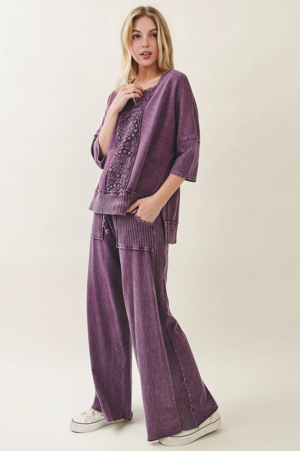 Mineral Wash Side Knit detail wide leg pants HE5878P