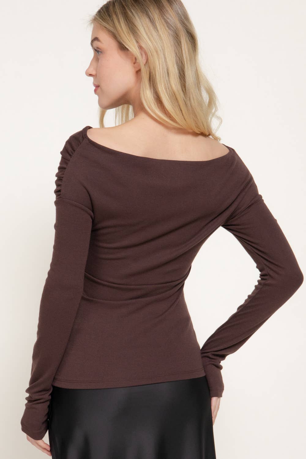 Long Sleeve Wrap Neckline Draped Detail Straight Knit Top