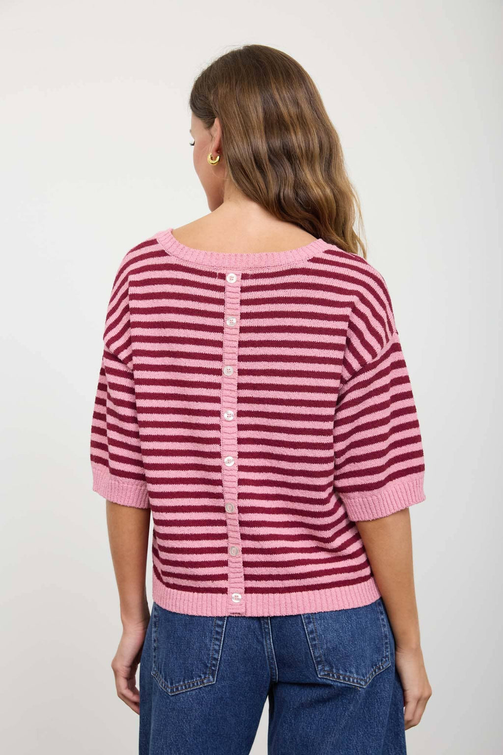 STRIPE CONTRAST TRIM SHORT SLEEVE KNIT SWEATER