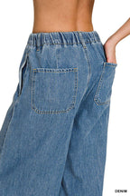 Wide Leg Drawstring Elastic Waistband Denim Pants w/ Pockets