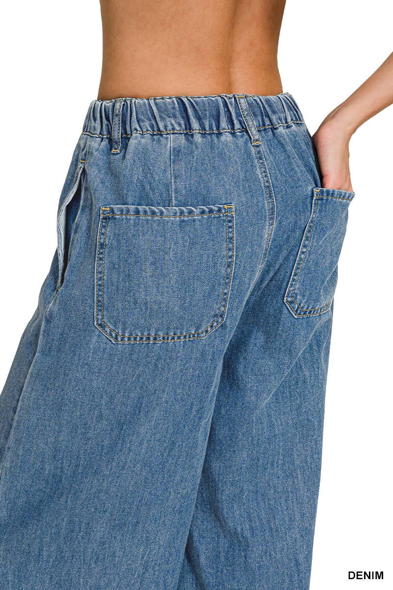 Wide Leg Drawstring Elastic Waistband Denim Pants w/ Pockets
