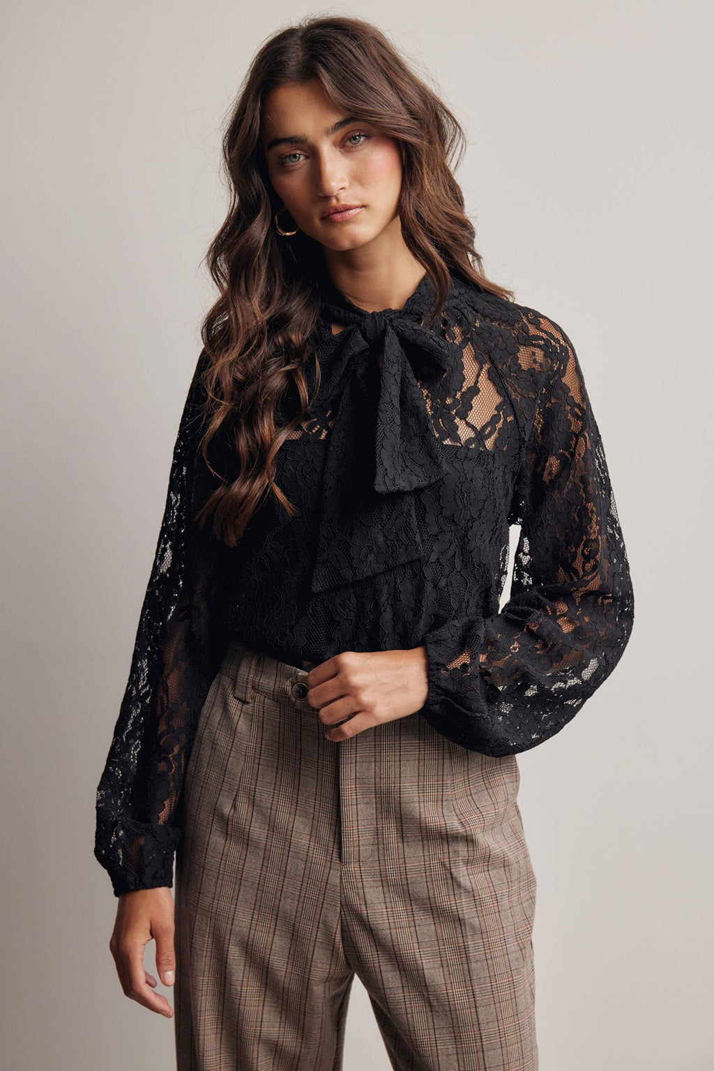 Sheer Lace Tie Neck Blouse FT0059