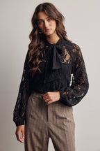 Sheer Lace Tie Neck Blouse FT0059