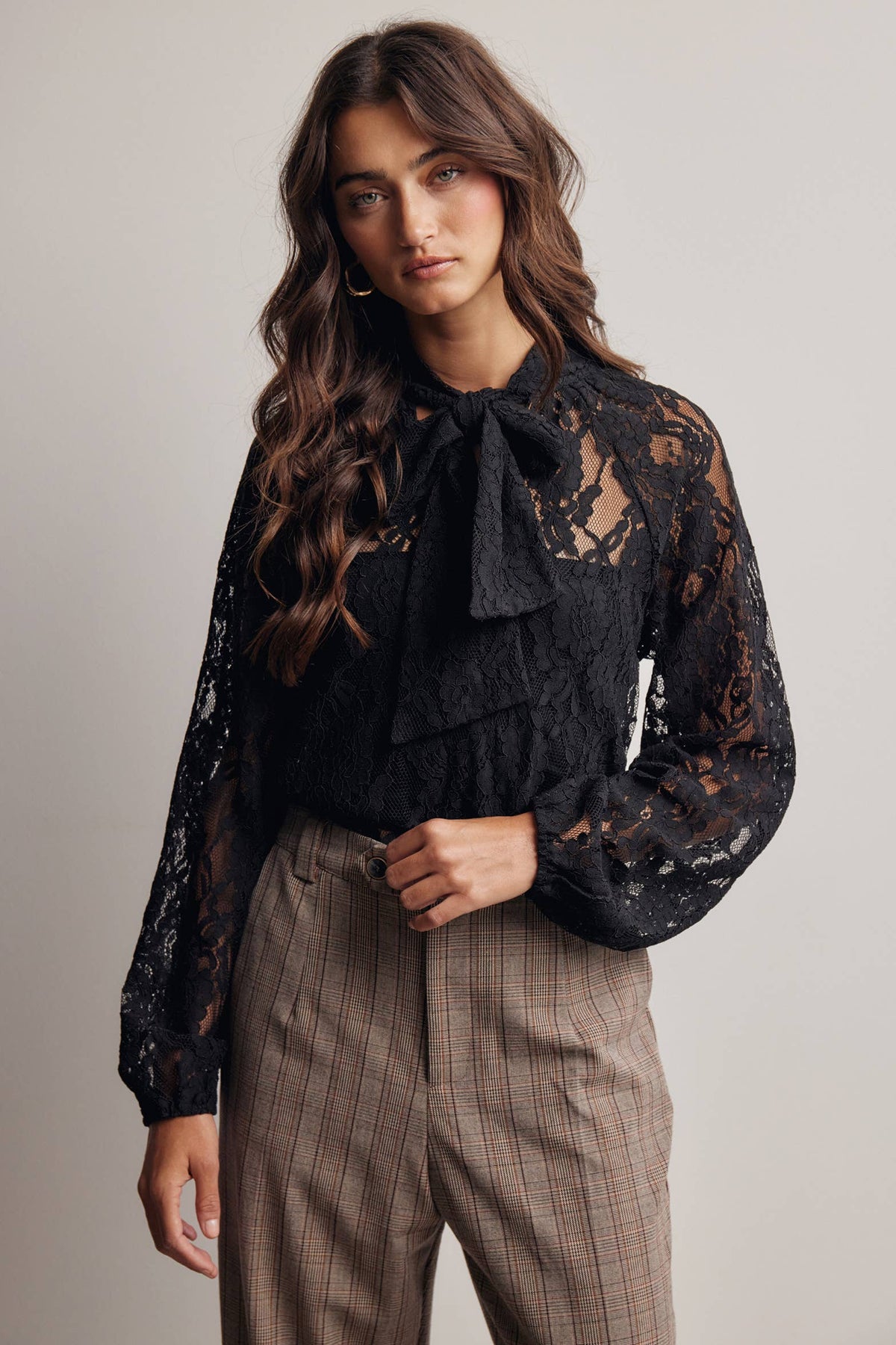 Sheer Lace Tie Neck Blouse FT0059
