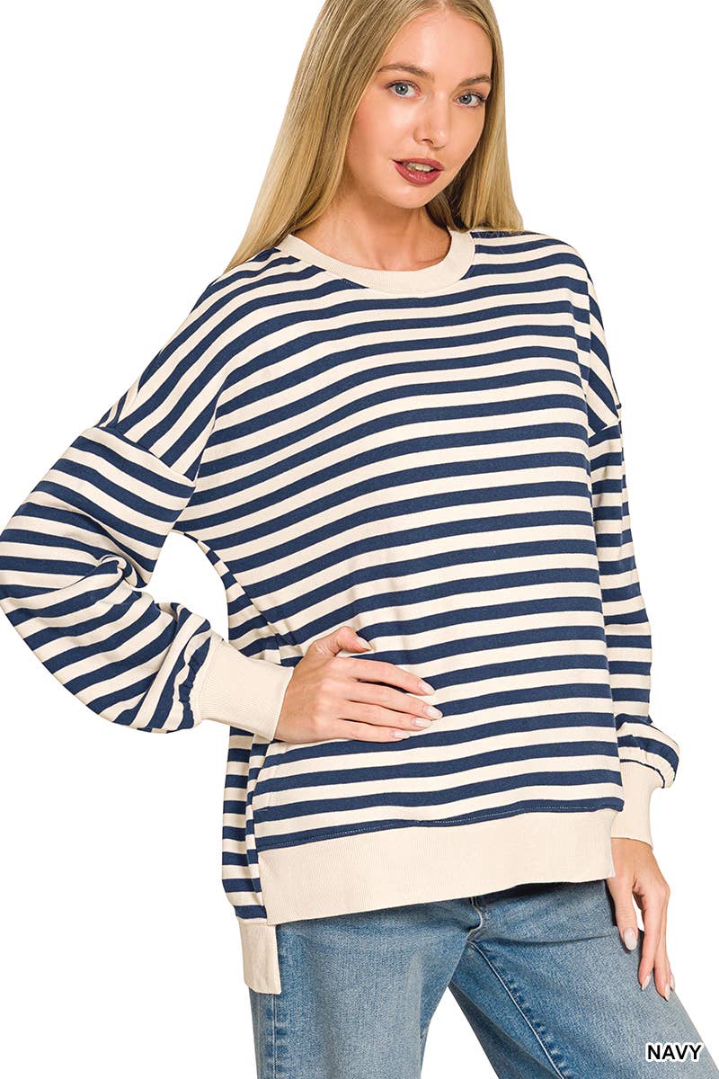 Premium Yarn Dyed Stripe Fleece Hi Low Sweatshirt w/ Pockets