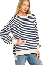 Premium Yarn Dyed Stripe Fleece Hi Low Sweatshirt w/ Pockets