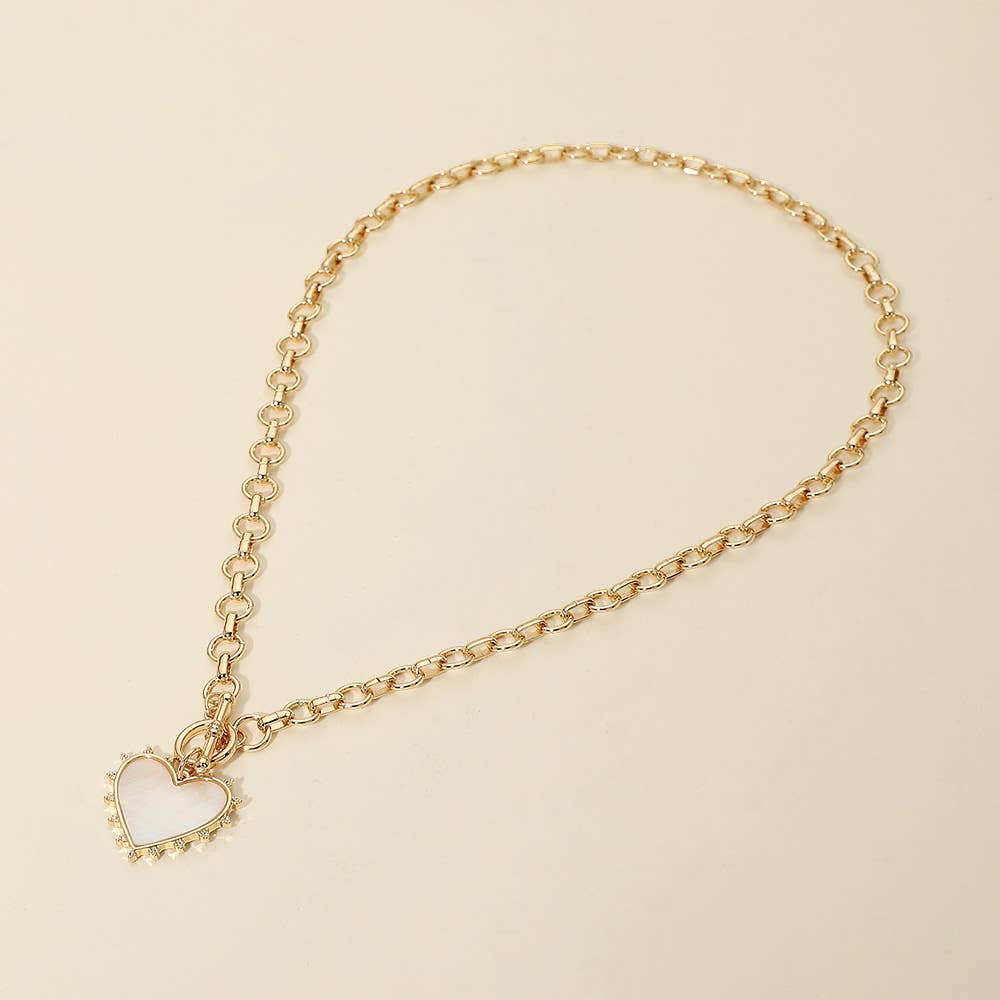 Bead Mother of Pearl Heart Charm Toggle Chain Necklace