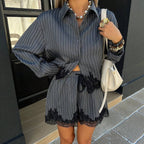 Striped Button Down Shirt & Lace Trim High Waist Shorts Set