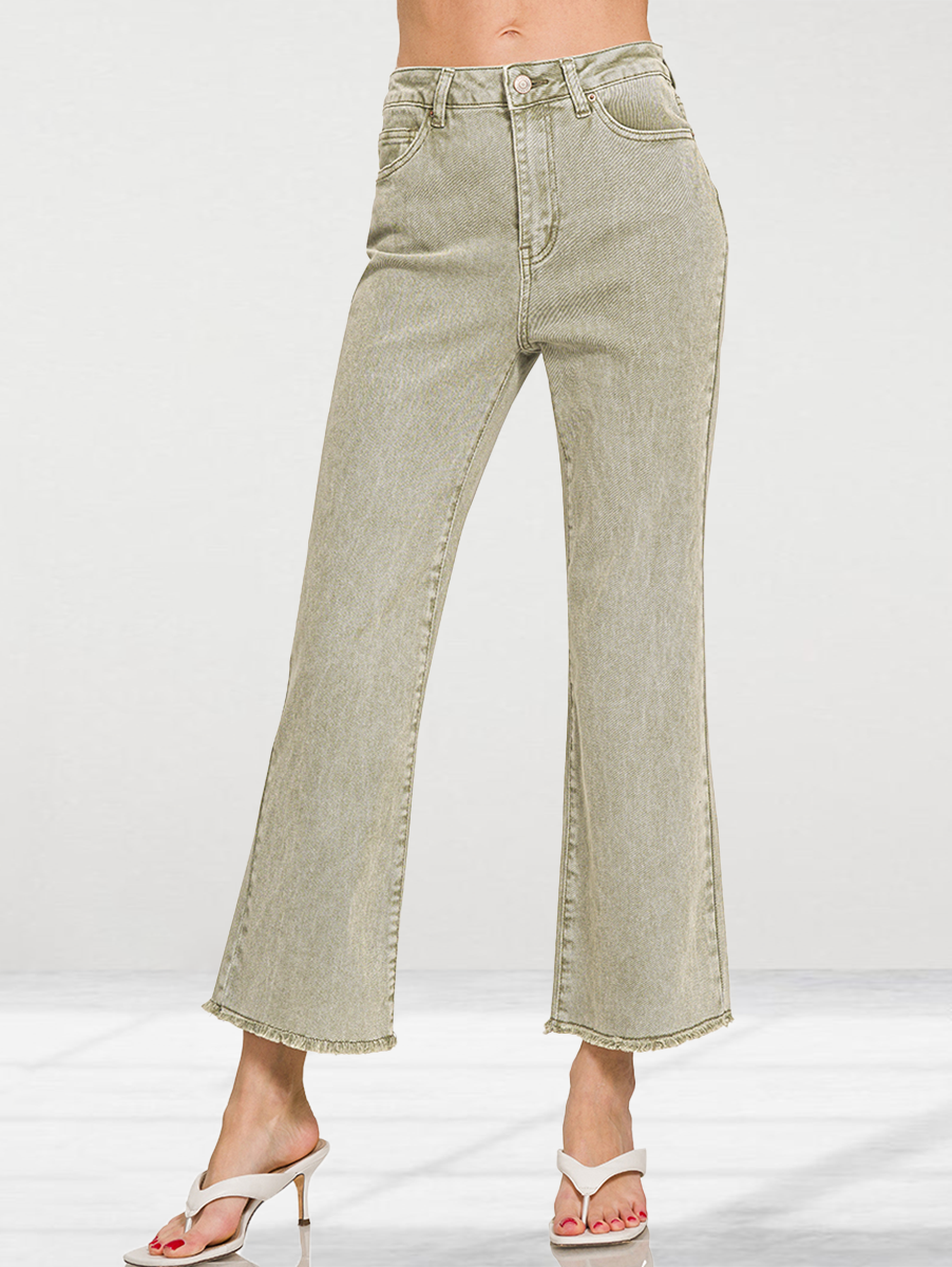 Acid Wash High Waist Frayed Hem Bootcut Pants