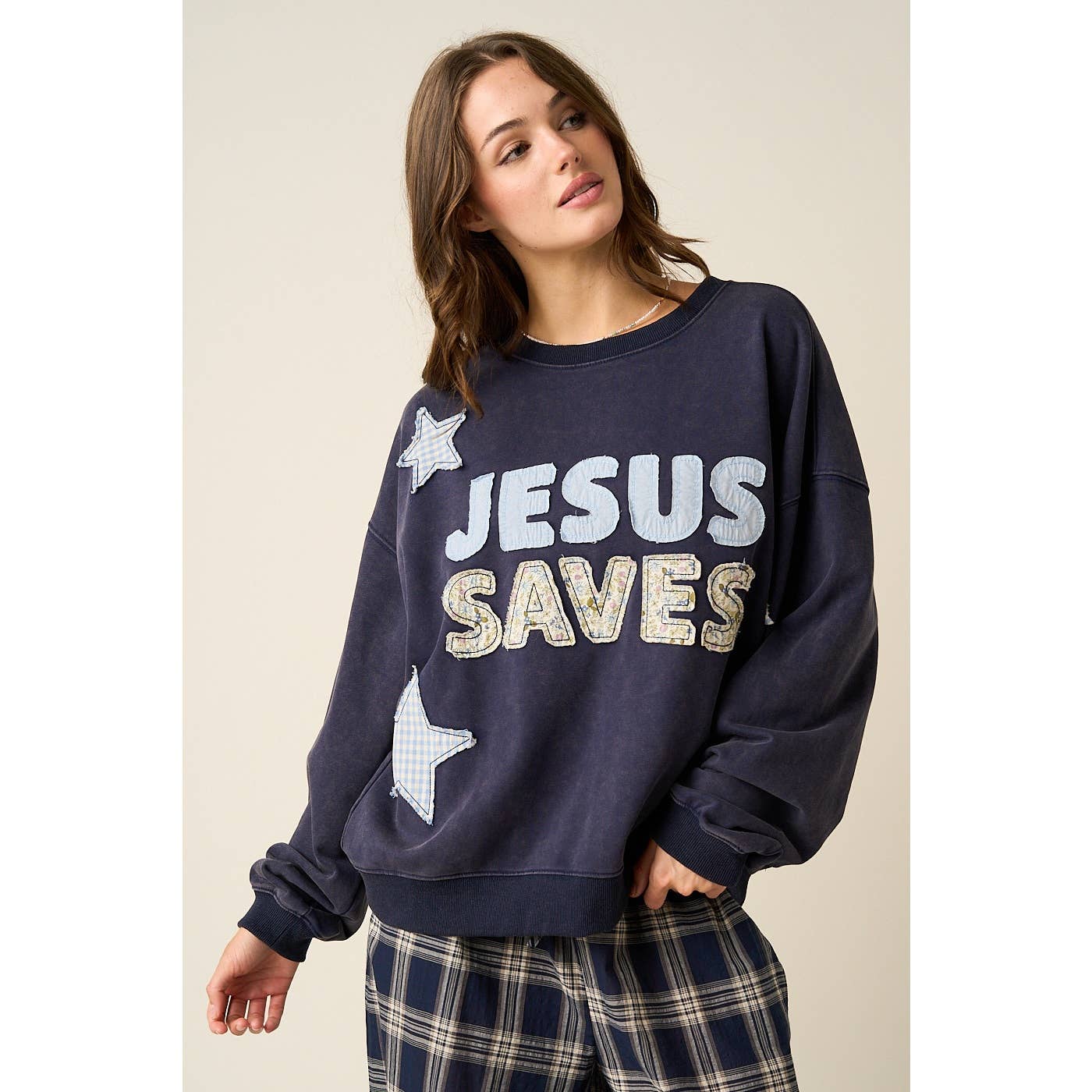 JESUS SAVES PATCHWORK CREW NECK SWEATSHIRT