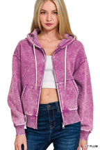 Acid Wash Fleece Cropped Zip-up Hoodie W Pockets