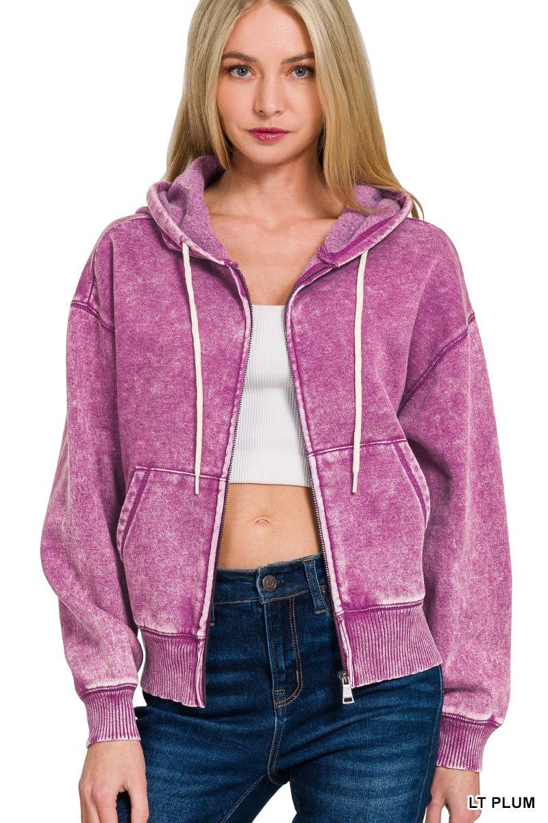 Acid Wash Fleece Cropped Zip-up Hoodie W Pockets
