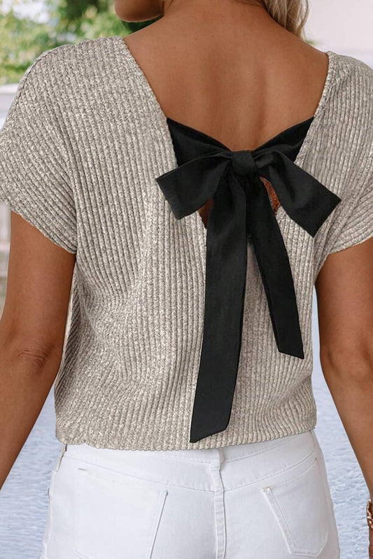 Ribbed Short Sleeve Bow Back Top