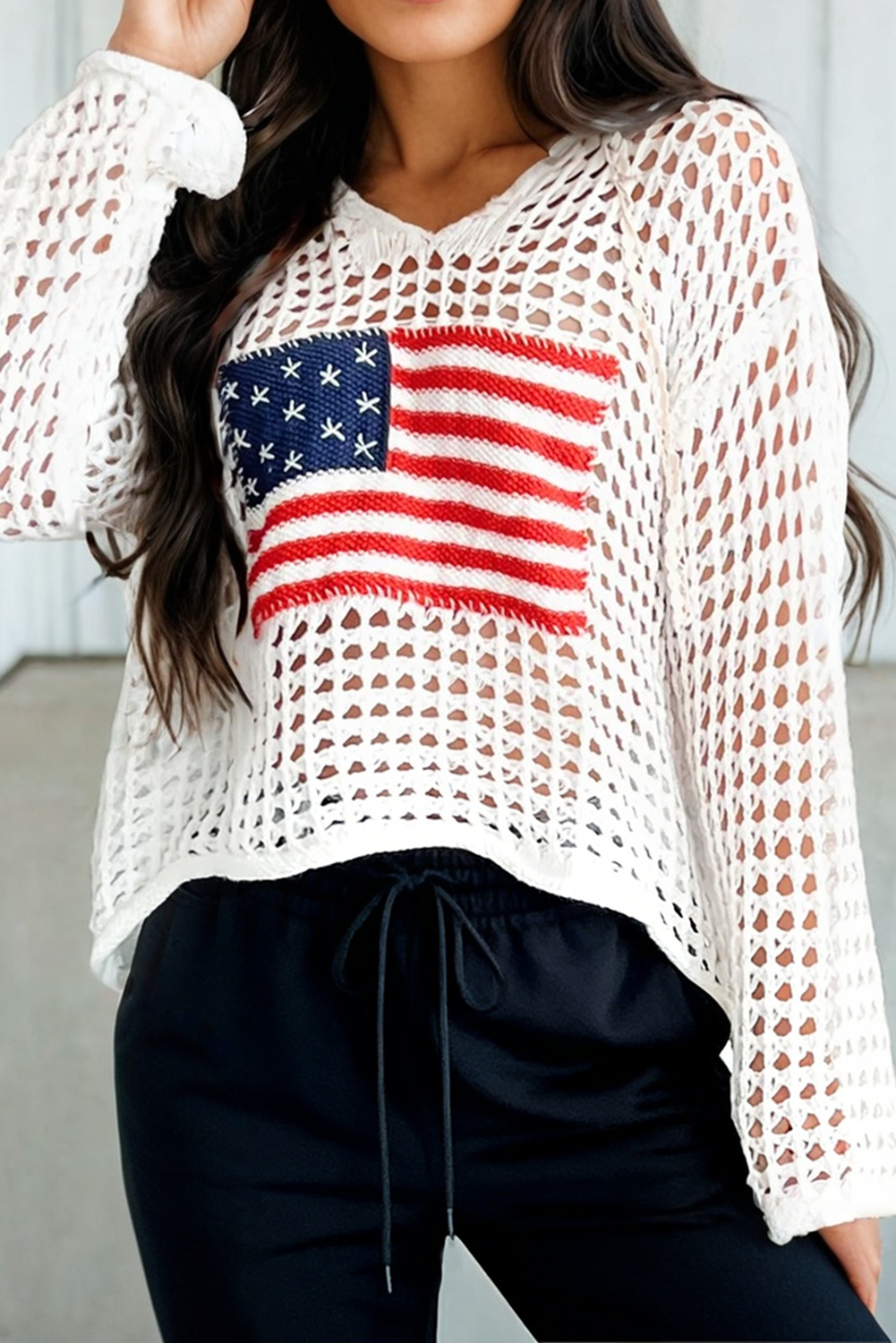 Crochet Knit American Flag Sweater Hoodie