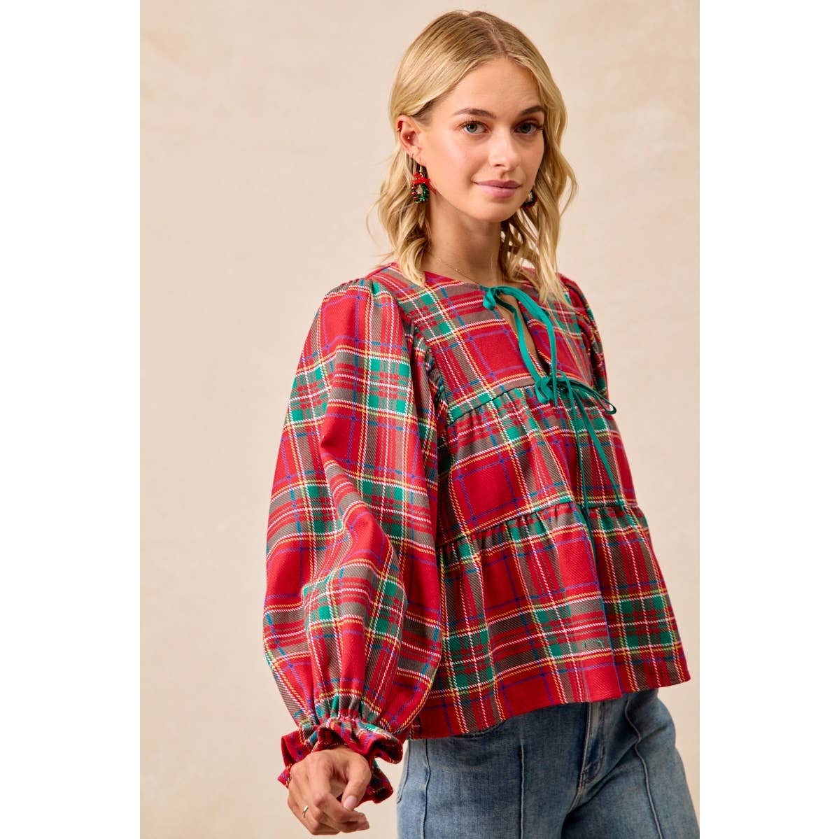 CHRISTMAS PLAID TOP WITH FRONT BOW TIED DETAILS