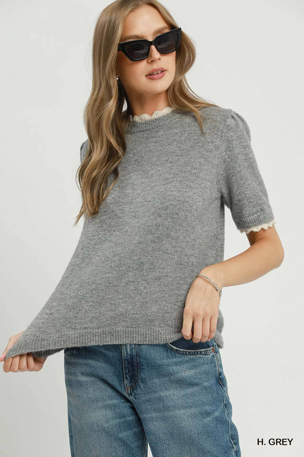 Scalloped Trim Puff Sleeve Knit Sweater Top