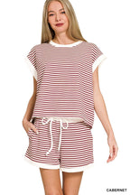 ...Stripe Contrast Trim Top & Shorts Set