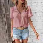 Women's Lace V-Neck Short Sleeve Blouse Summer Top