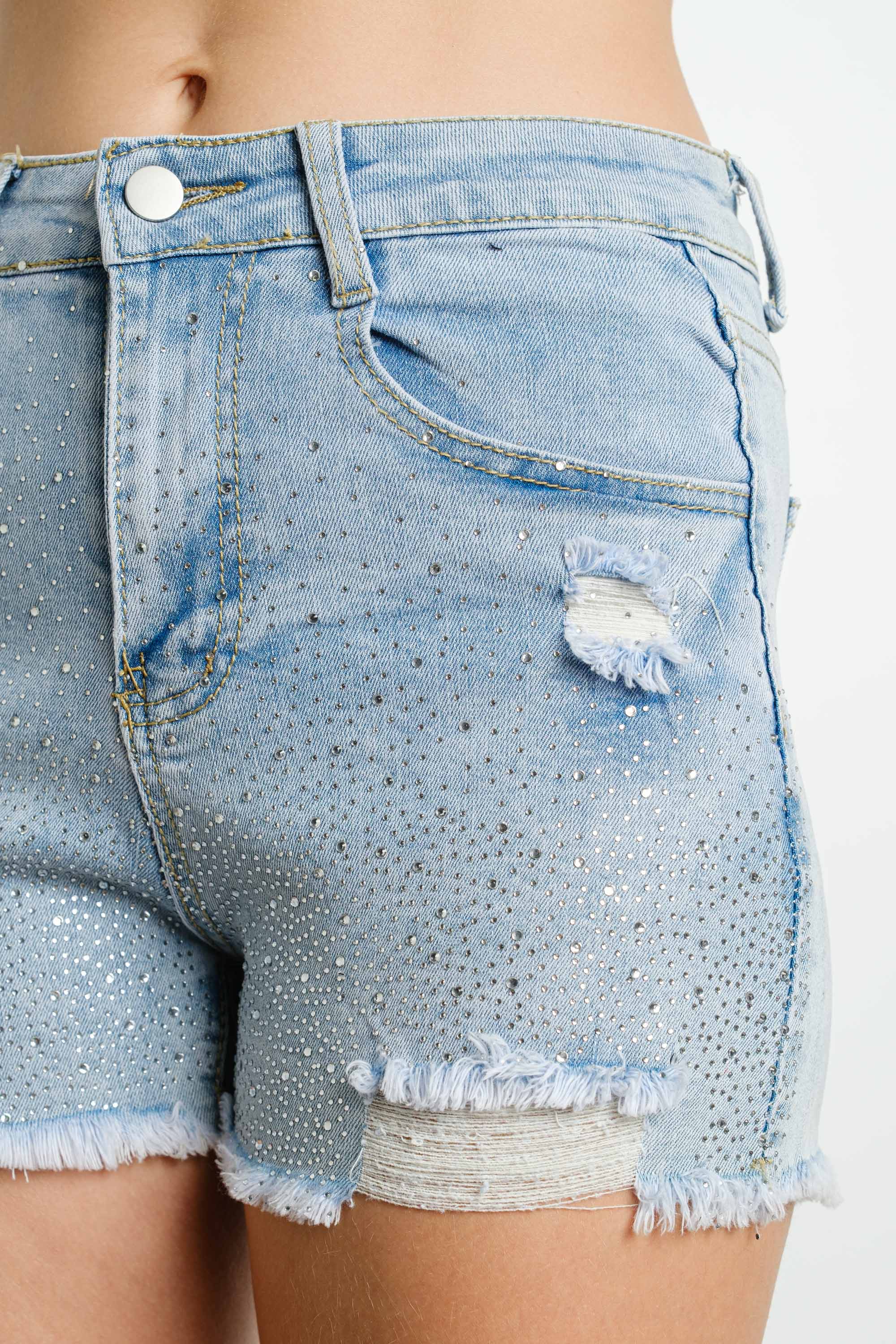 IP2742 Rhinestone Embellished Stretch Denim Shorts