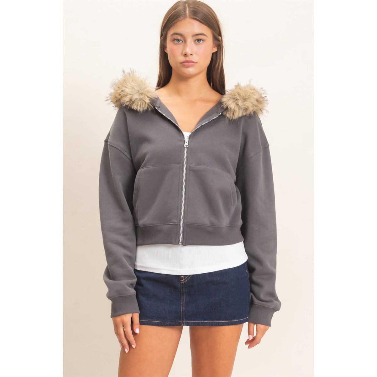 Detachable Fur Zip Up Hoodie