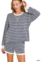 Raised Rib Striped Pullover And Shorts Set