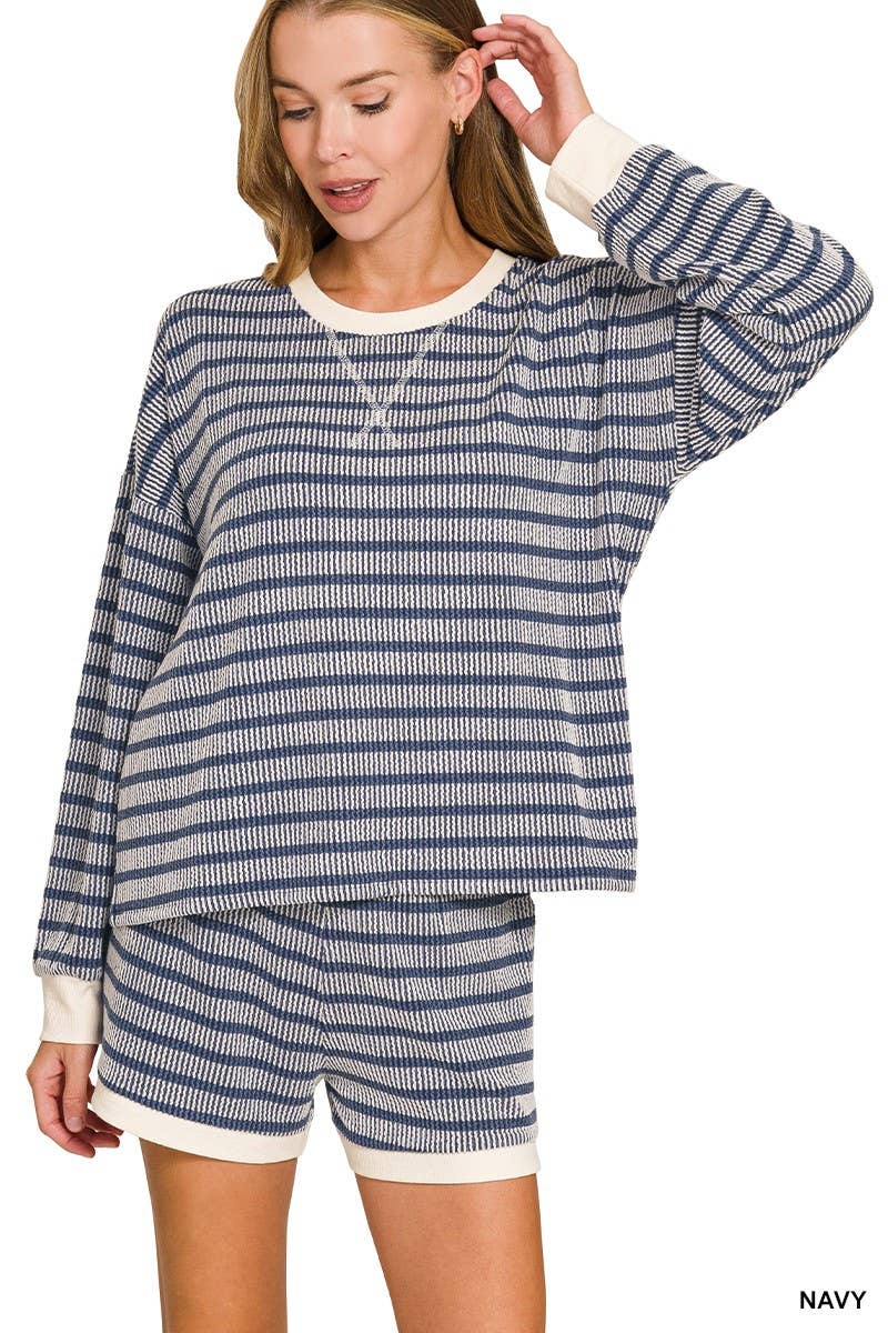Raised Rib Striped Pullover And Shorts Set
